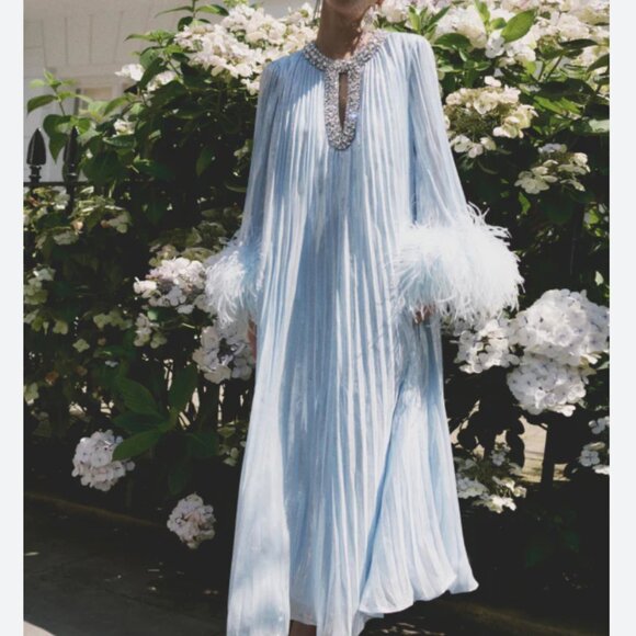 Self Portrait Blue Metallic Chiffon Feather Midi Dress - Picture 4 of 17